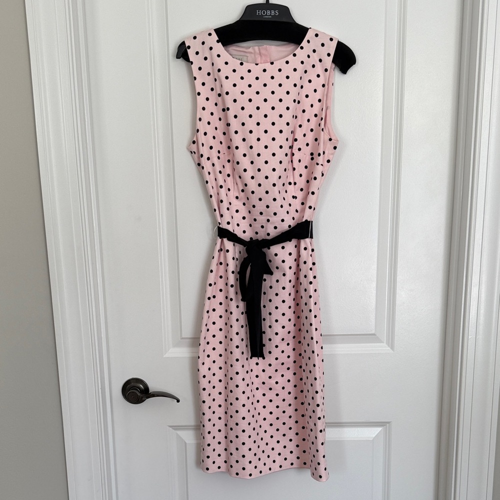 Elegant Pink Polka Dot Midi Dress with Black Belt